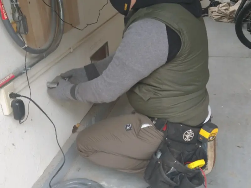 Electrician performing outlet wiring in a Four Corners garage